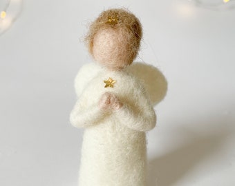 White Needle Felted Angel with Prayer Hands, Waldorf Christmas Angel Decor, Special Handmade Holiday Decoration Gift, Spiritual Prayer Gift