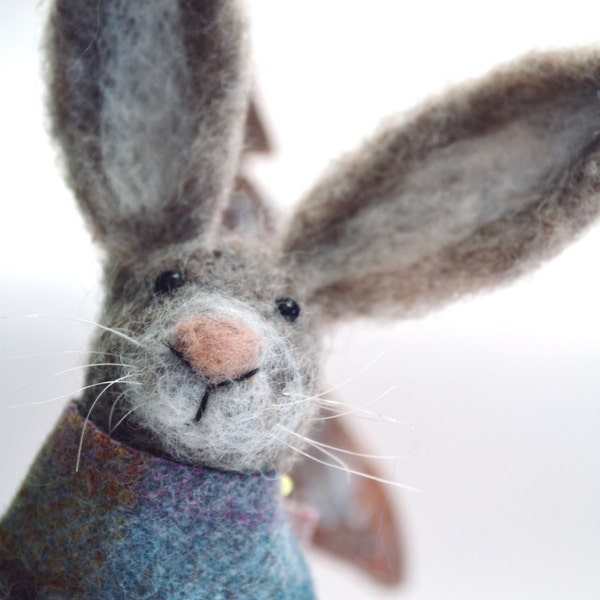 Needle Felted Hare: Scottish Wool Animal Figurine with Tweed Scarf