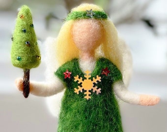 Needle felted wool Christmas angel ornament, Christmas tree green gold fairy decoration, Waldorf inspired magical enchanted fairy doll