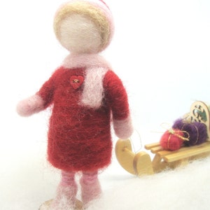 Little girl with sledge , Wool Needle Felt Miniature , Waldorf Art, Home Decor , Nature Table image 3