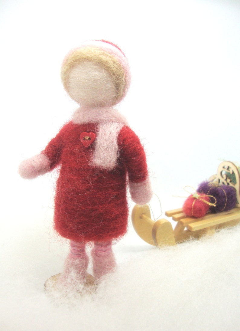 Little girl with sledge , Wool Needle Felt Miniature , Waldorf Art, Home Decor , Nature Table image 3