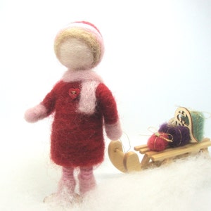 Little girl with sledge , Wool Needle Felt Miniature , Waldorf Art, Home Decor , Nature Table image 1