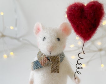 Needle Felted Mouse: Wool Animal with Heart Balloon