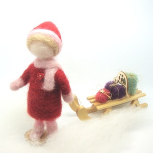 Little girl with sledge , Wool Needle Felt Miniature , Waldorf Art, Home Decor , Nature Table image 4