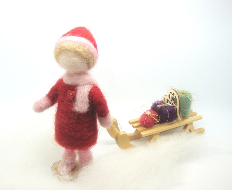 Little girl with sledge , Wool Needle Felt Miniature , Waldorf Art, Home Decor , Nature Table image 4