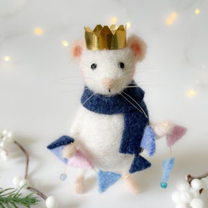 Needle Felted Mouse - Pierre, Wearing Golden Crown and Holding Bunting - Handmade Gift