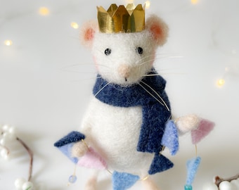 Needle Felted Mouse - Pierre, Wearing Golden Crown and Holding Bunting - Handmade Gift