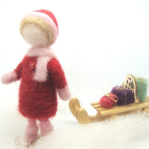 Little girl with sledge , Wool Needle Felt Miniature , Waldorf Art, Home Decor , Nature Table image 5