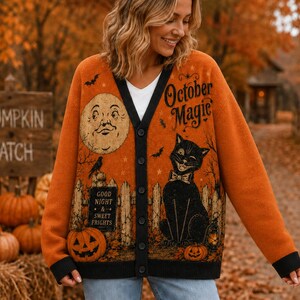 October Magic Halloween Cardigan Ugly, Black Cat Bow Tie Sweater, Vintage Moon Jack O Lantern Knit, Good Night Sweet Frights, Cozy Fall Knit