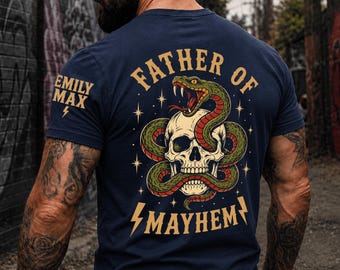 Personalized Father Of Mayhem Tee, Custom Dad Skeleton Tee, Father's Day Gift For Husband, Edgy Rocker Mom Dad Rock Tee, Cool Dad Shirt Gift