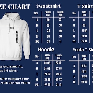 Puede incluir: Una tabla de tallas para sudaderas, camisetas, sudaderas con capucha y camisetas juveniles. La tabla muestra medidas en pulgadas para ancho y largo, con tallas que van de la S a la 2XL. El texto en la tabla aconseja subir una talla para un ajuste oversize.