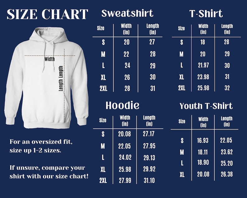 Puede incluir: Una tabla de tallas para sudaderas, camisetas, sudaderas con capucha y camisetas juveniles. La tabla muestra medidas en pulgadas para ancho y largo, con tallas que van de la S a la 2XL. El texto en la tabla aconseja subir una talla para un ajuste oversize.