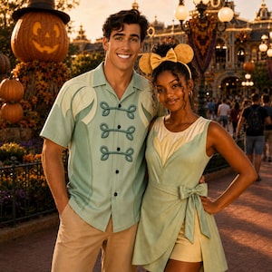 May include: A light green short-sleeved button-down shirt with decorative teal frog closures and a light green sleeveless dress featuring a wrap-style skirt, a cream-colored bodice panel, and a pair of yellow mouse-ear headbands with a bow.