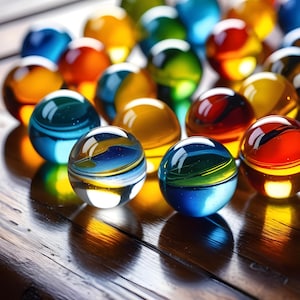 Peut inclure: Un ensemble de billes de verre colorées dans des tons de bleu, jaune, vert et rouge, posées sur une surface en bois poli. Les billes présentent des tourbillons et des reflets internes.