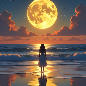 Mädchen blickt dem Mond entgegen – Traumhafte Illustration von Strand und Vollmond, hochauflösende digitale Kunst für Poster und Wanddekoration.