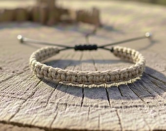 Adjustable Two Tone Natural and Black Hemp Bracelet, Small Dainty