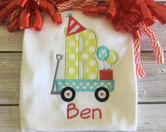 Personalized Embroidered/Applique Birthday Shirt with Wagon, Balloons and Birthday Present, Initial or Number 1-9