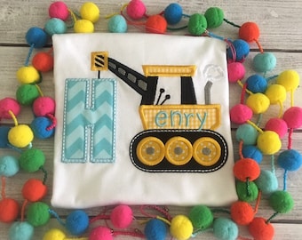 Construction Crane Applique Monogram Birthday Shirt - Available with Initial or Birth Number for Birthday Shirt, Handmade Gift for Kids