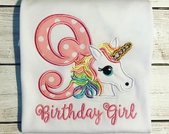 Unicorn Applique Birthday Girl Shirt, Available in Numbers 1-9, Handmade Gift for Kids