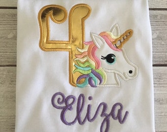 Girls Rainbow Unicorn Applique Birthday Shirt, Numbers 1-9 Available! Gift for Her