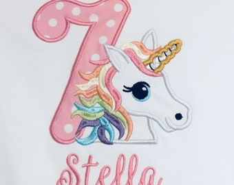 Girls Rainbow Unicorn Applique Birthday Shirt, Numbers 1-9 Available, Embroidery