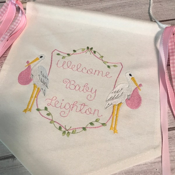 Welcome Baby Stork Banner, Embroidered Nursery Banner, Personalized Hospital Banner, Baby Gift, Door Hanger, Handmade - Ships Fast!