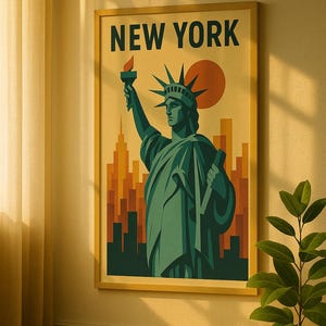 Affiche de New York – Décoration murale style Bauhaus | Illustration de la Statue de la Liberté | Paysage urbain moderne du milieu du siècle | Cadeau pour les fans des États-Unis