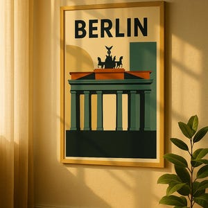 Affiche de Berlin – Décoration murale style Bauhaus, affiche urbaine vintage au design Mid-Century | Illustration de la Porte de Brandebourg