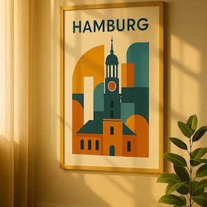 Póster de Hamburgo – Arte mural estilo Bauhaus | Ilustración de St. Michaelis | Póster de la ciudad de mediados de siglo | Regalo para los amantes de Hamburgo