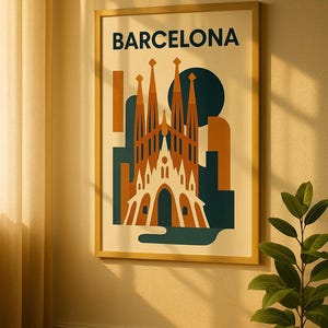 Póster de Barcelona – Arte mural estilo Bauhaus | Ilustración de la Sagrada Familia | Lámina urbana de mediados de siglo | Regalo para los amantes de España