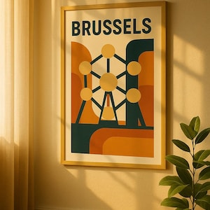 Poster Brussel – Muurkunst in Bauhaus-stijl | Illustratie van het Atomium | Poster van een moderne stad uit het midden van de eeuw | Belgisch cadeau-idee voor reisliefhebbers