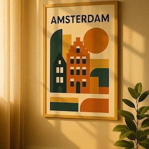 Póster de Ámsterdam – Arte mural estilo Bauhaus | Lámina de mediados de siglo con casas en los canales | Póster vintage de la ciudad | Regalo para los amantes de Holanda