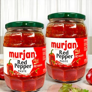 May include: Two glass jars of red pepper paste labeled "murjan Red Pepper Paste" with a red pepper graphic and the words "Mild" and "No" printed on the label. The jars are 240g (8.5 oz) each.