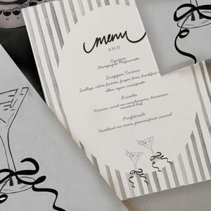 Czarno-biały szablon menu jest w pełni edytowalny w serwisie Canva i doskonale nadaje się na wesela, przyjęcia i inne specjalne okazje.