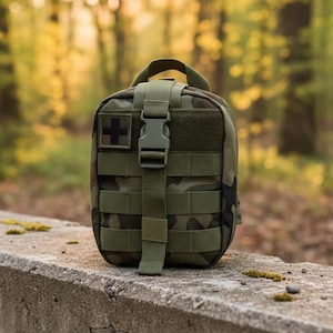 Puede incluir: Botiquín con estampado de camuflaje con un emblema de cruz negra. El kit cuenta con una correa verde con hebilla y múltiples puntos de fijación. Tiene un asa en la parte superior.
