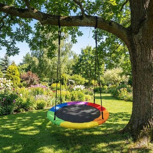 May include: A round tree swing with a black center and a rainbow-colored border of red, orange, yellow, green, and blue. The swing hangs from a thick tree branch with black ropes, set against a backdrop of a lush green lawn and a vibrant garden.