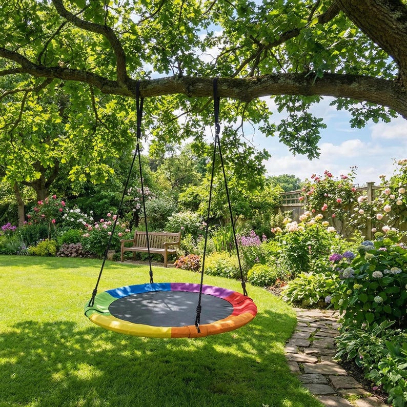 May include: A round tree swing with a black center and a colorful rainbow-striped edge hangs from a large tree branch. The swing is suspended by black ropes in a lush green garden setting with a stone pathway and a wooden bench.