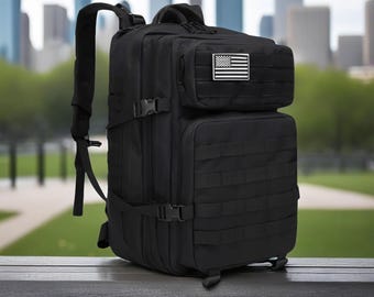 45L Military Tactical Backpack, Black Scout Rucksack with American Flag