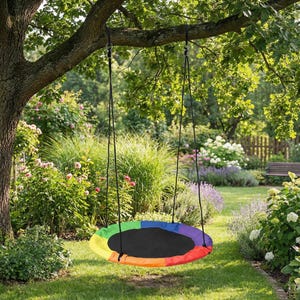 May include: A round rainbow-colored swing hangs from a tree branch in a lush green garden. The swing has a black center and a colorful border of red, orange, yellow, green, blue, and purple. Black ropes suspend the swing.