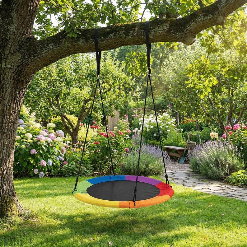 May include: A round tree swing with a rainbow-colored edge and black center hangs from a tree branch. The swing is suspended by black ropes and straps. The background features a lush green lawn and a garden with colorful flowers.