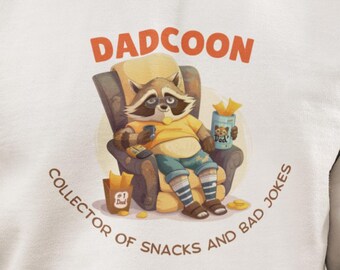 Dadcoon Snack Collector Sweater – Funny Dad Joke Crewneck for Father’s Day, Raccoon Lounge Pullover, Gift for Chill Dads Who Love Snacks