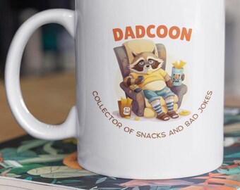 Dadcoon Mug – Funny Raccoon Dad Coffee Cup, Collector of Snacks and Bad Jokes, Father’s Day Gift, Dad Joke Humor Mug 11oz 15oz 20oz