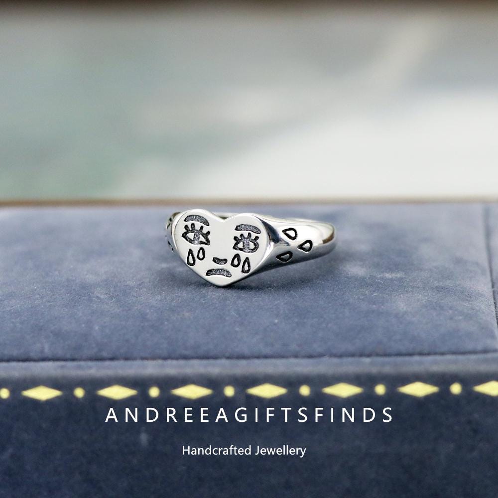 925 Sterling Silver Crying Heart Ring Emotional Mood Ring, Sad Face  Expression Jewelry