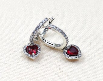 Ale S925  Silver Pandora Sparkling Red Halo Heart Hoop Earrings Sterling Silver