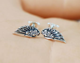 s925 Angel Wings Wing Feather Stud Earrings