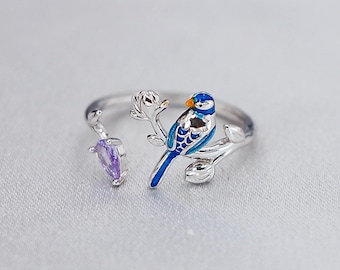 925 Sterling Silver Blue Bird Ring Cute and Colorful Jewelry Set