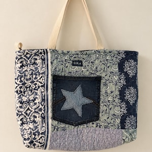 One-of-a-Kind Blue Quilted Tote Bag with Denim Star Pocket
