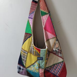 Quilted Shoulder Bag Made from a Geometric Patchwork Quilt Blanket