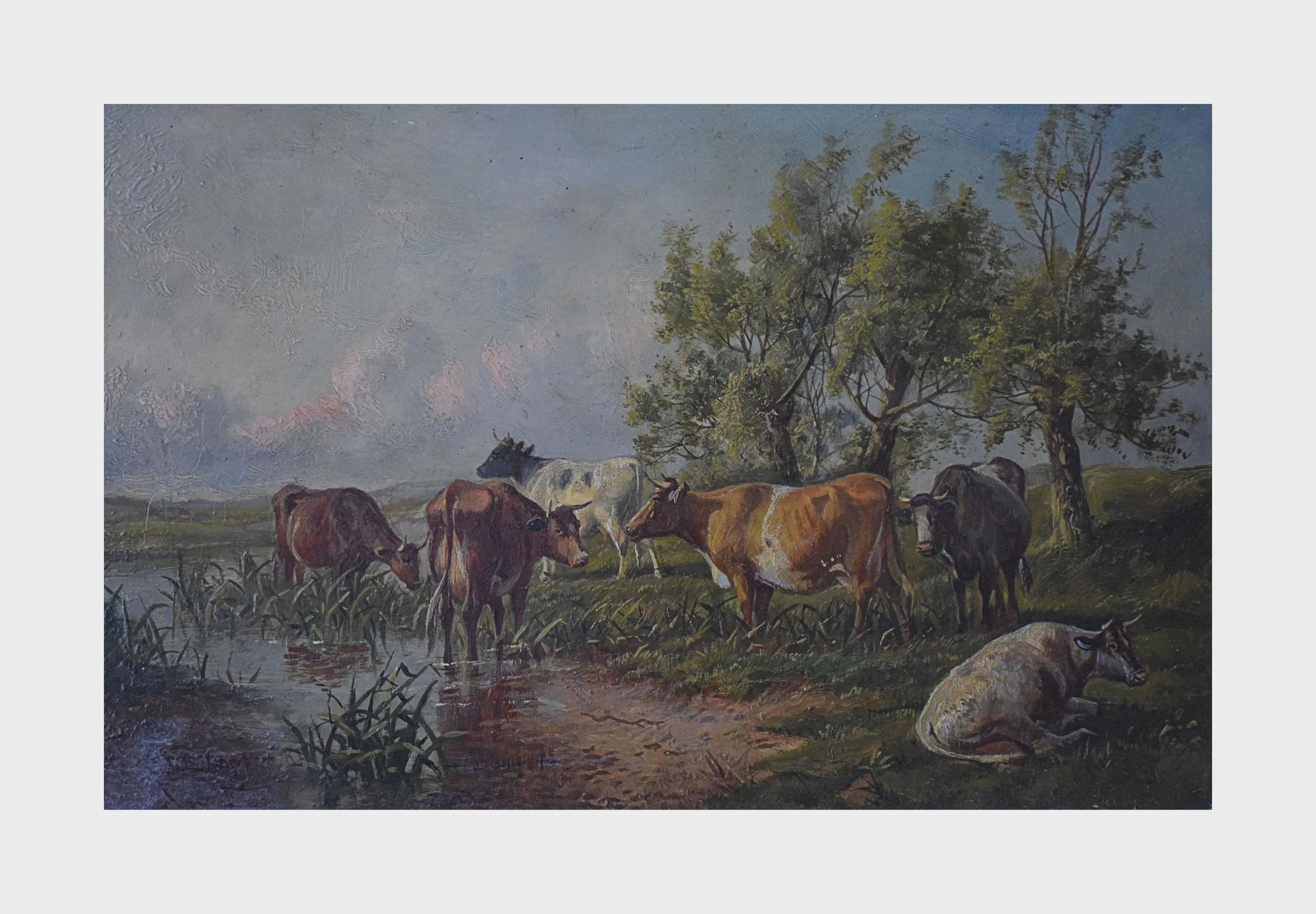 風景の中の牛の油絵 1860/70年頃 トーマス・シドニー・クーパー RA
