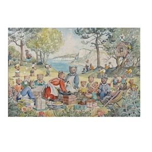 Il picnic degli orsacchiotti, affascinante dipinto ad acquerello originale di G J Woods del 1991, britannico